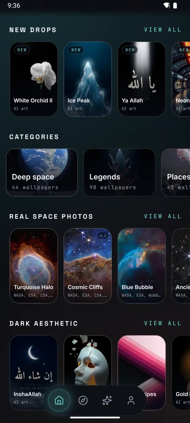 Wallumour's Home screen: this week's New drops, category covers, a rail of real space photos and a Dark aesthetic rail