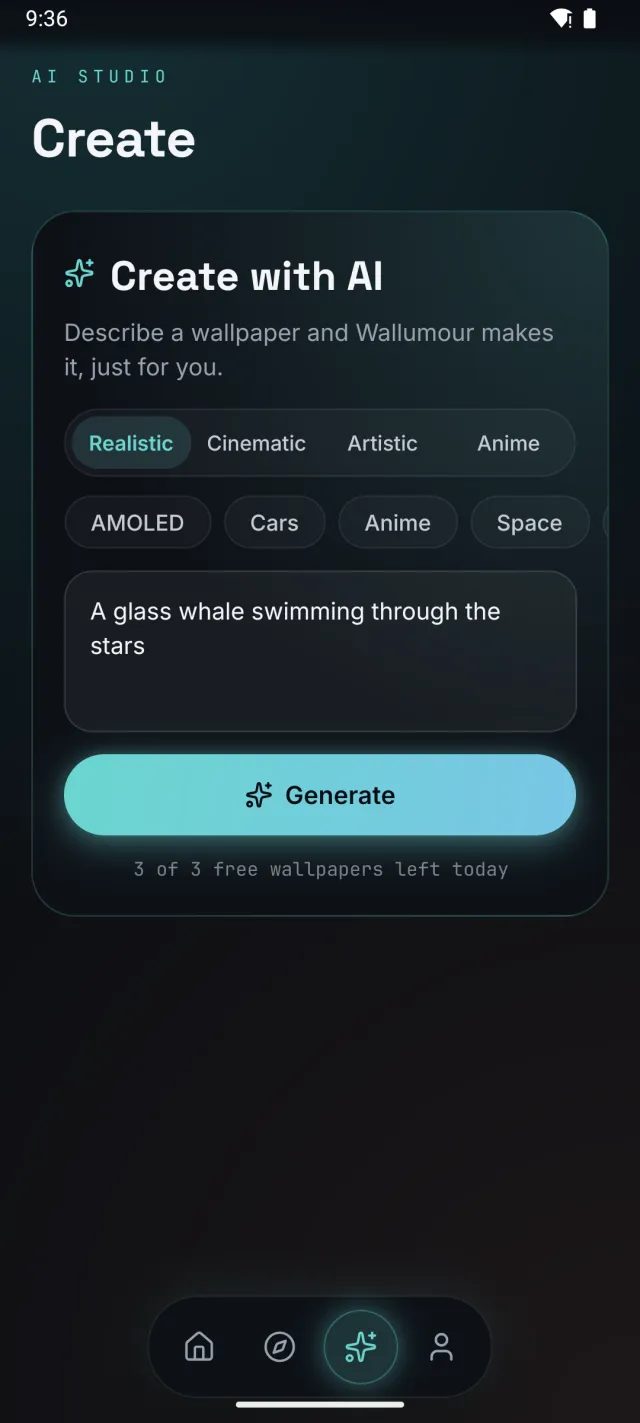 The Create tab in Wallumour: style and theme choices, a prompt reading A glass whale swimming through the stars, and the Generate button