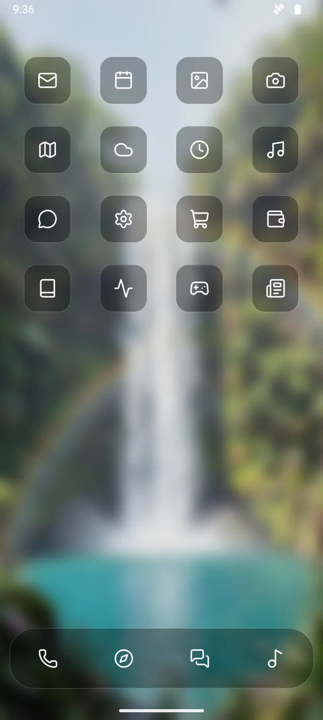 The home-screen view of the preview: the wallpaper softly blurred behind app icons on dark frosted glass