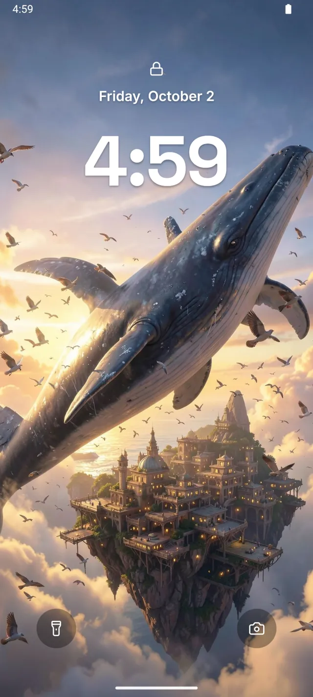 Wallumour previewing a wallpaper of a whale above a floating city behind the lock screen clock