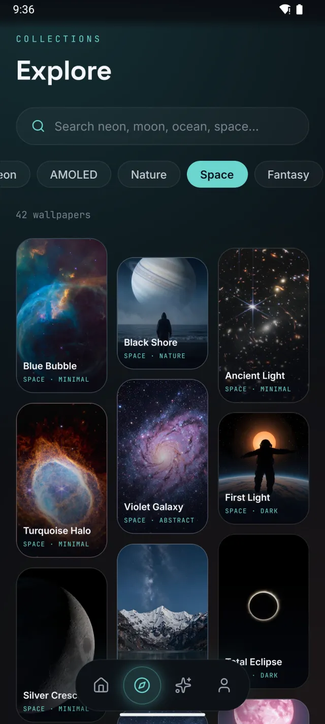 The Explore tab filtered to Space wallpapers